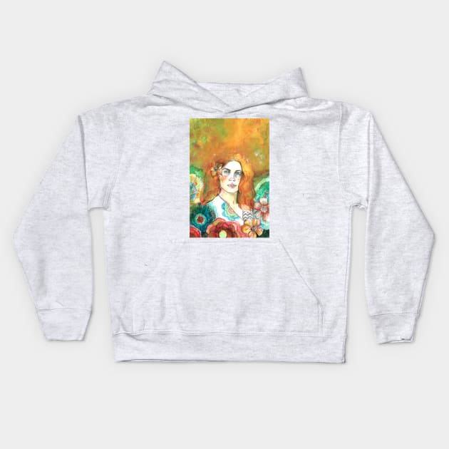 Red Hair and Flowers Kids Hoodie by FanitsaArt